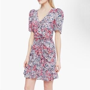 Parker 100% Silk Krislyn Floral Mini Dress 00 v neck puffed sleeve ruffle ruched